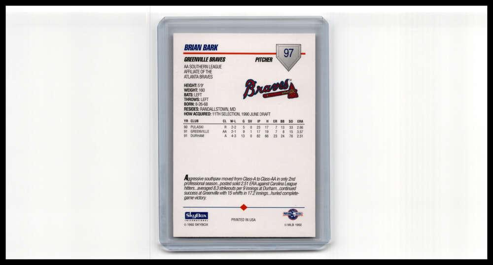1992 Skybox AA #97 Brian Bark Greenville Braves NM-MT Baseball Card Image 2