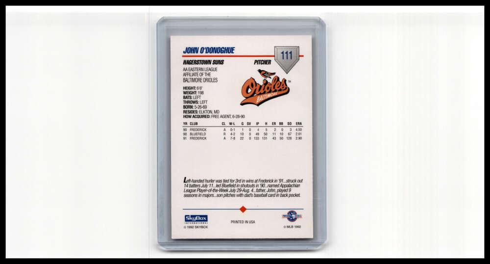 1992 Skybox AA #111 John O'Donoghue Hagerstown Suns NM-MT Baseball Card Image 2