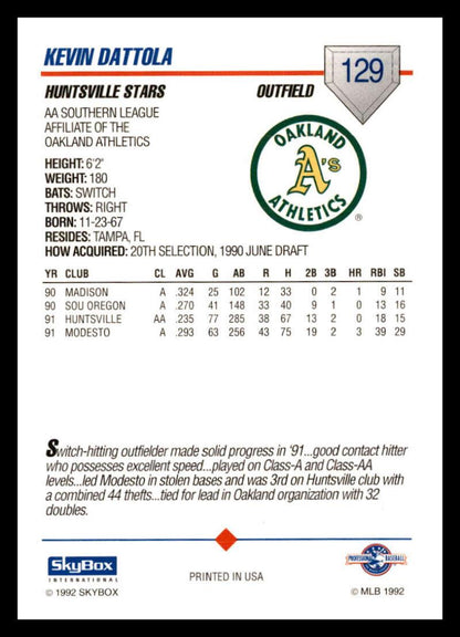 1992 Skybox AA #129 Kevin Dattola Huntsville Stars NM-MT Baseball Card Image 2