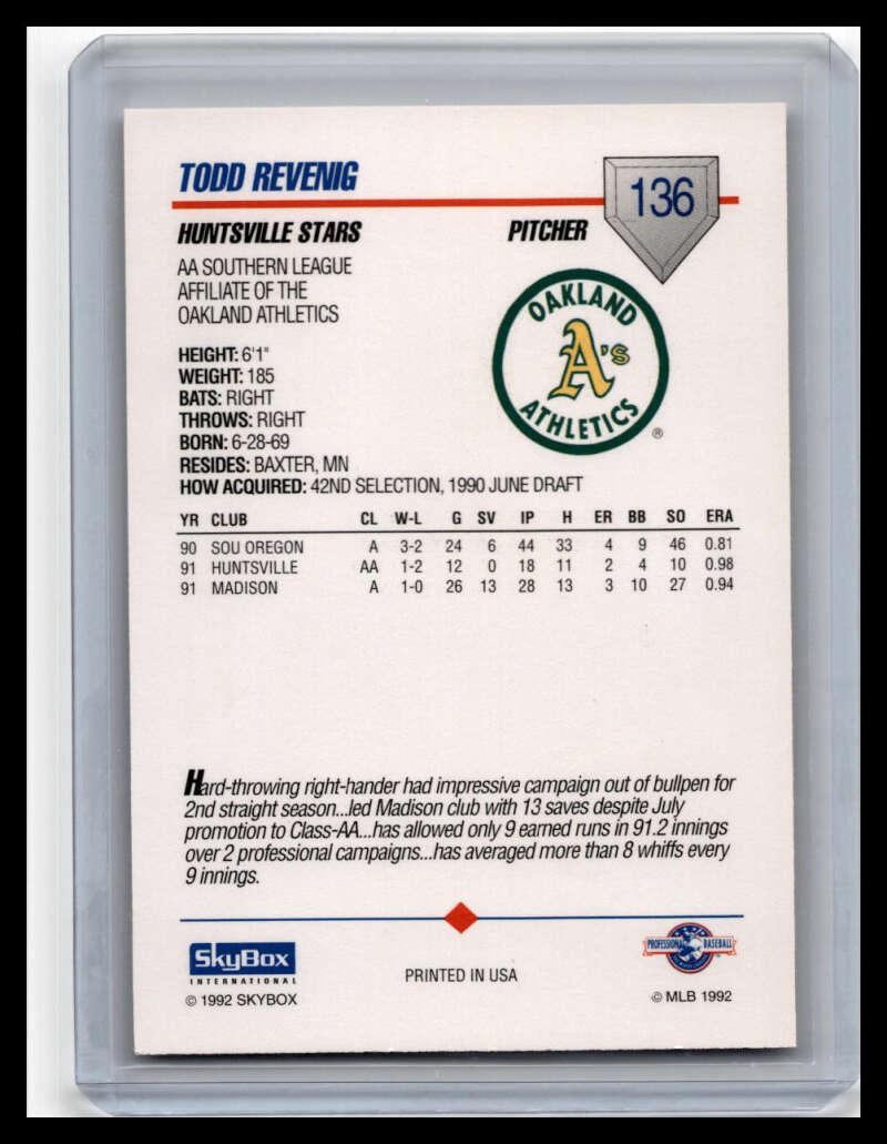 1992 Skybox AA #136 Todd Revenig Huntsville Stars NM-MT Baseball Card Image 2