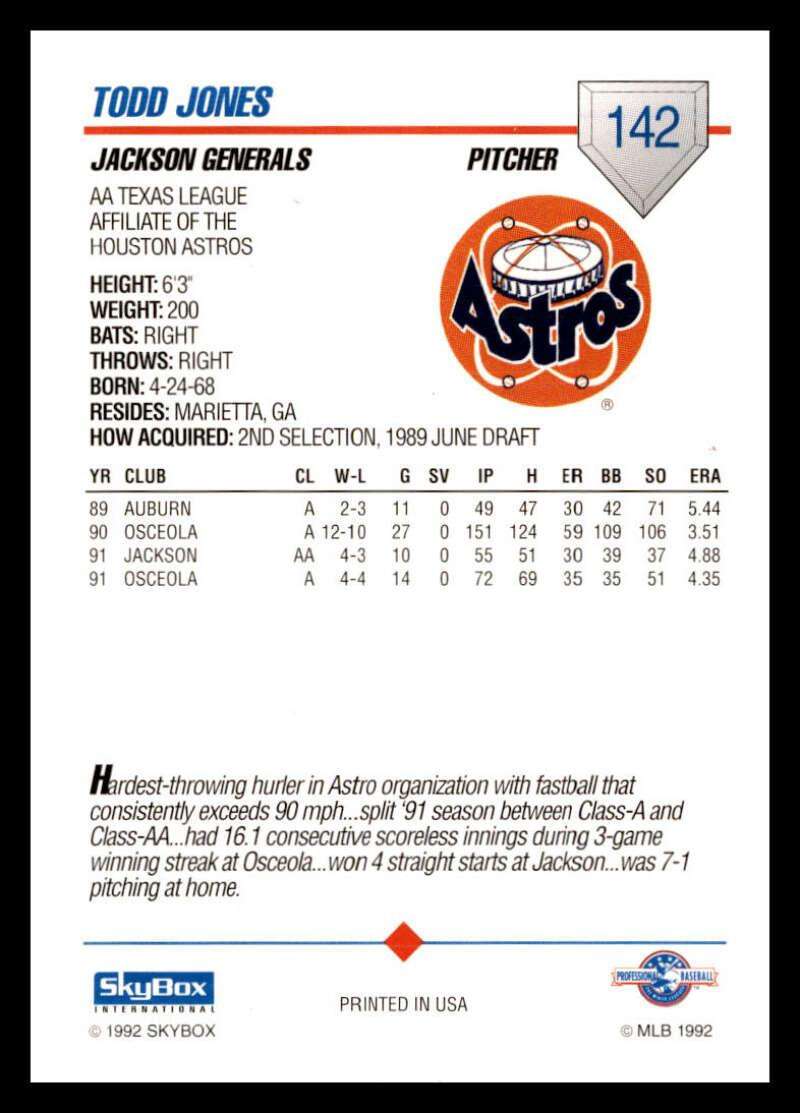 1992 Skybox AA #142 Todd Jones Jackson Generals NM-MT Baseball Card Image 2