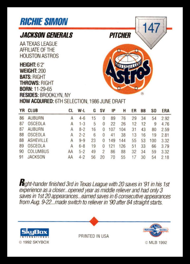1992 Skybox AA #147 Richie Simon Jackson Generals NM-MT Baseball Card Image 2