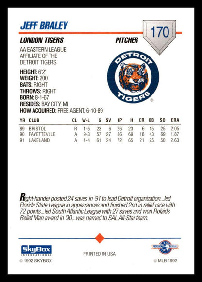 1992 Skybox AA #170 Jeff Braley London Tigers NM-MT Baseball Card Image 2