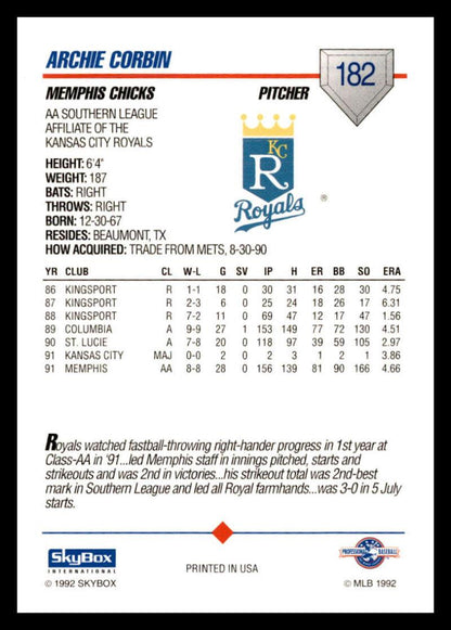 1992 Skybox AA #182 Archie Corbin Memphis Chicks NM-MT Baseball Card Image 2