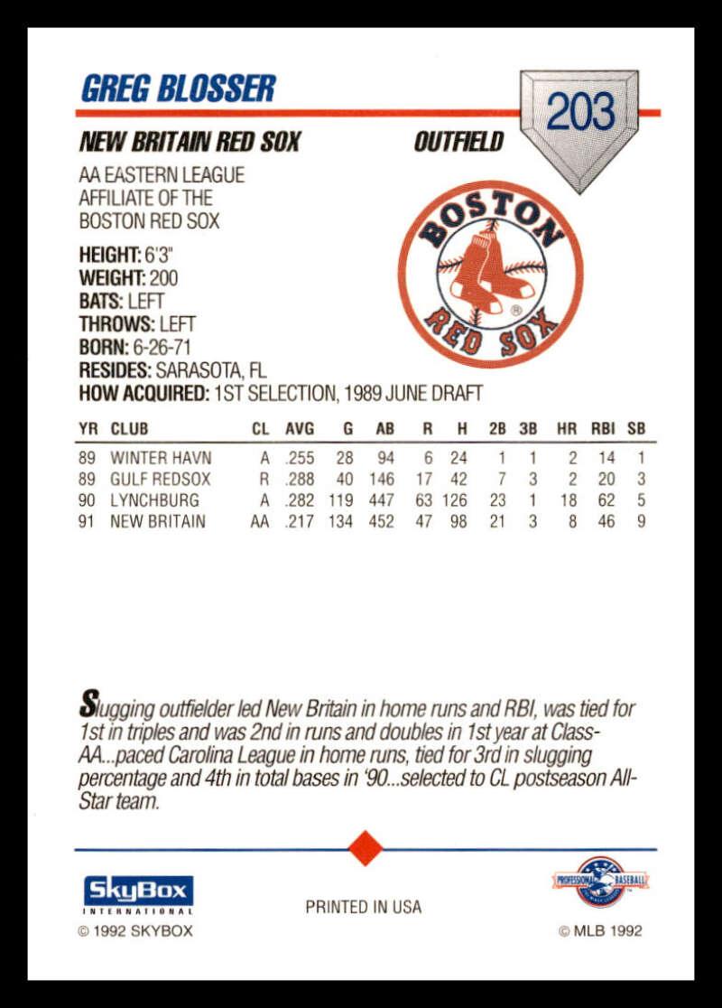 1992 Skybox AA #203 Greg Blosser New Britain Red Sox NM-MT Baseball Card Image 2