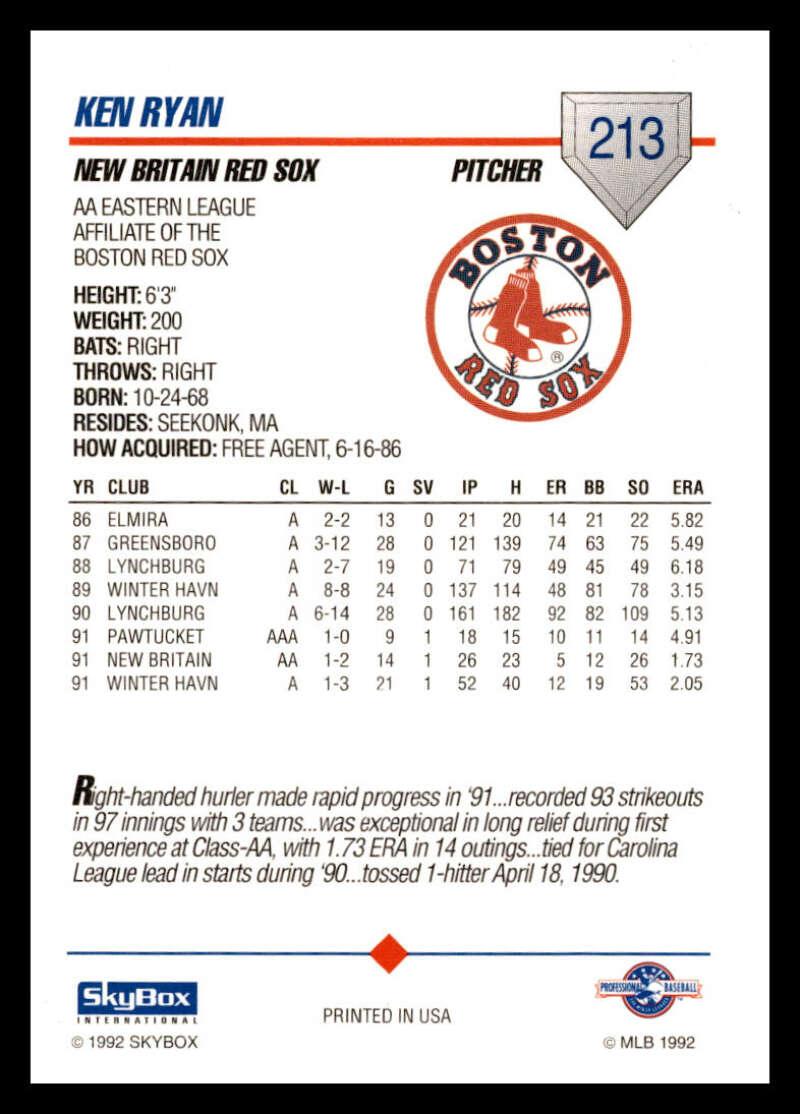 1992 Skybox AA #213 Ken Ryan New Britain Red Sox NM-MT Baseball Card Image 2
