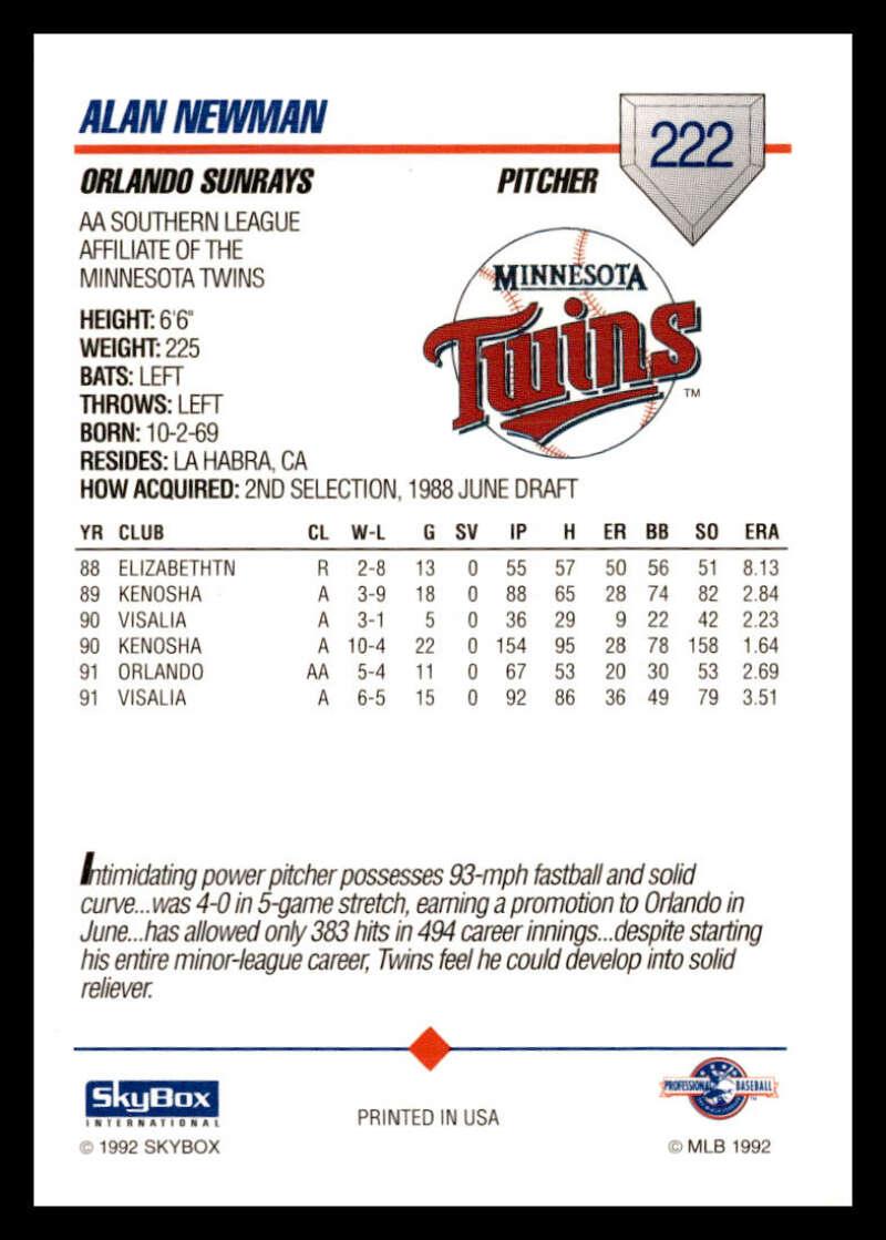 1992 Skybox AA #222 Alan Newman Orlando Sun Rays NM-MT Baseball Card Image 2
