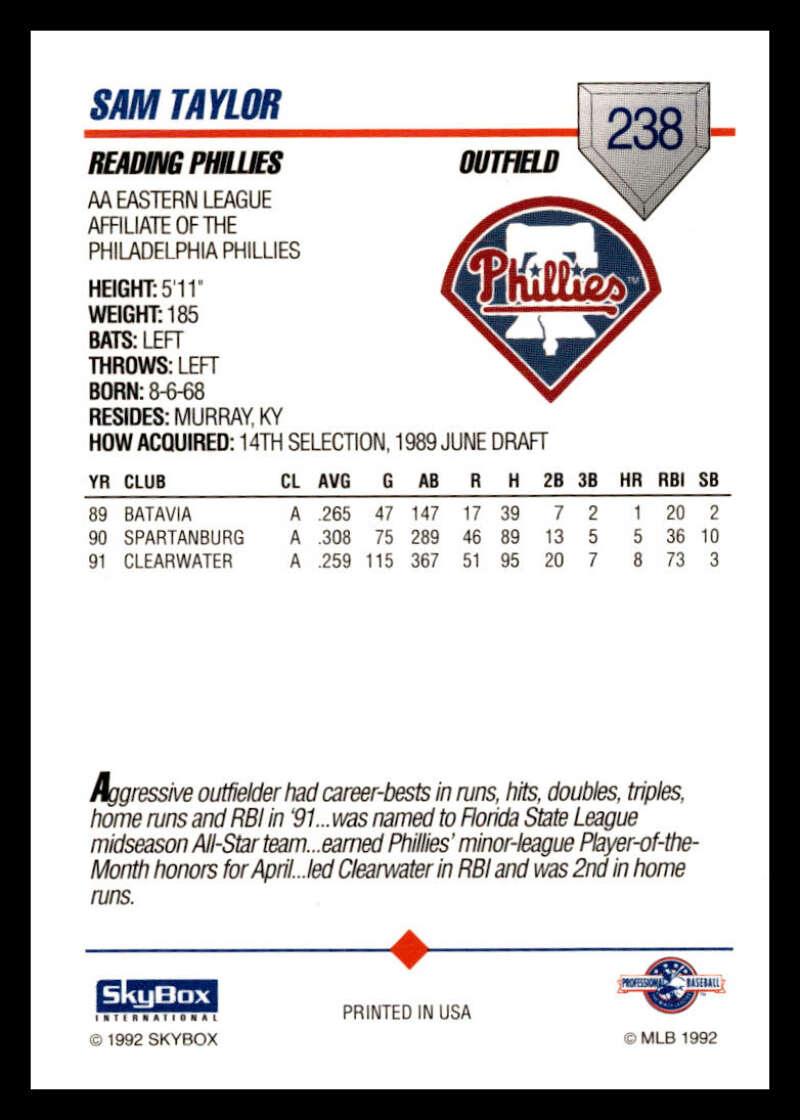 1992 Skybox AA #238 Sam Taylor Reading Phillies NM-MT Baseball Card Image 2