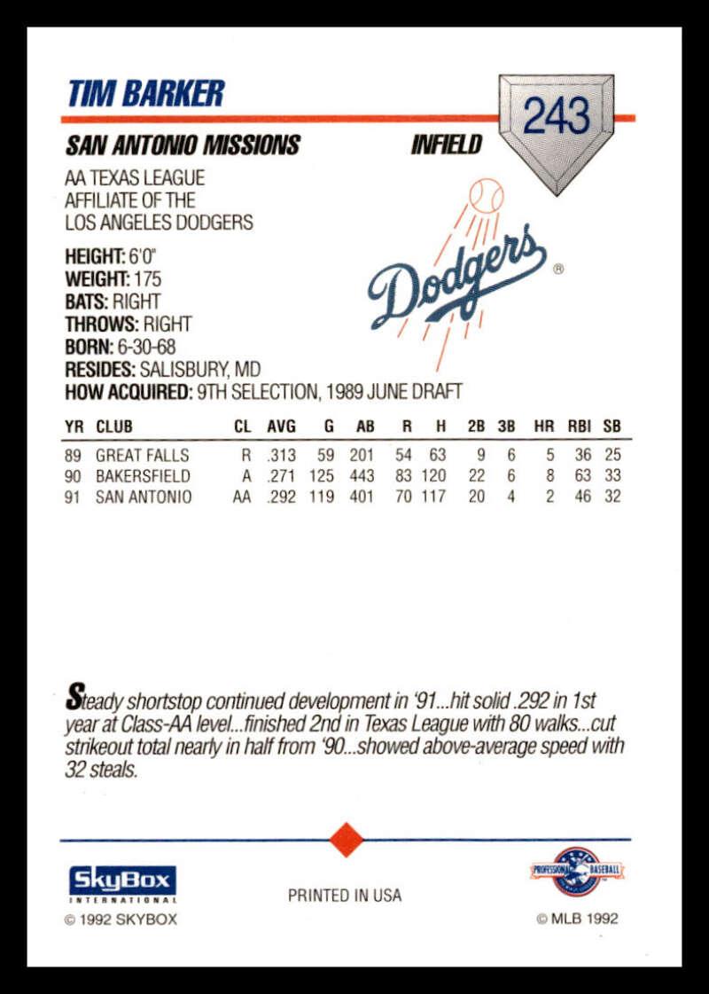 1992 Skybox AA #243 Tim Barker San Antonio Missions NM-MT Baseball Card Image 2