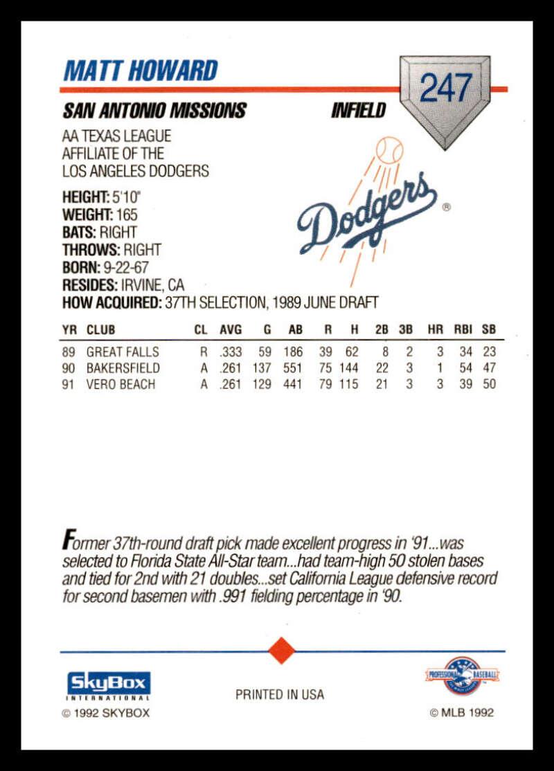 1992 Skybox AA #247 Matt Howard San Antonio Missions NM-MT Baseball Card Image 2