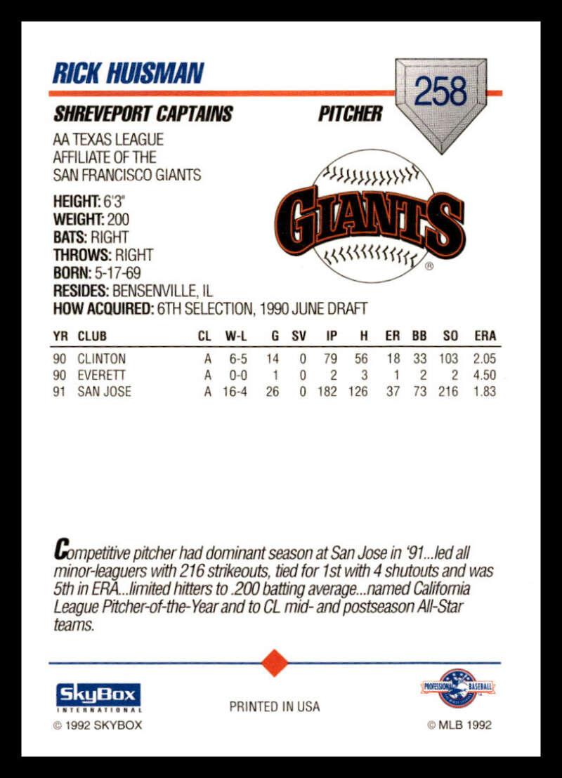 1992 Skybox AA #258 Rick Huisman Shreveport Captains NM-MT Baseball Card Image 2