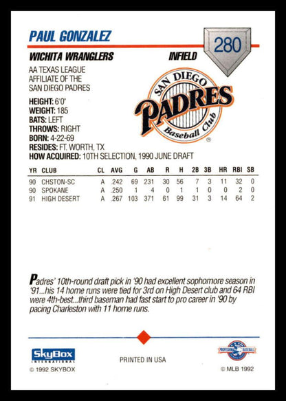 1992 Skybox AA #280 Paul Gonzalez Wichita Wranglers NM-MT Baseball Card Image 2