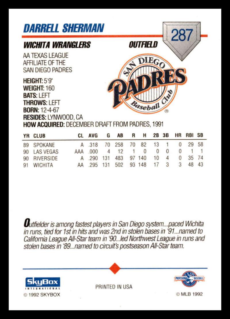 1992 Skybox AA #287 Darrell Sherman Wichita Wranglers NM-MT Baseball Card Image 2
