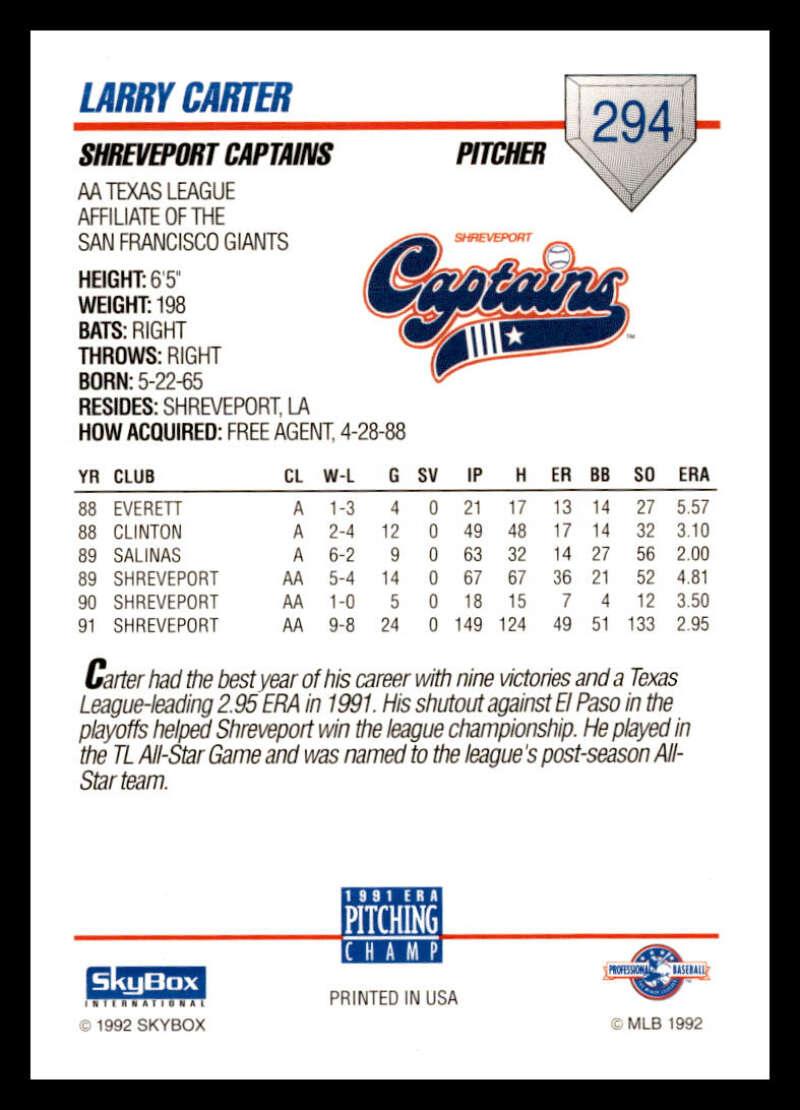 1992 Skybox AA #294 Larry Carter Shreveport Captains NM-MT Baseball Card Image 2