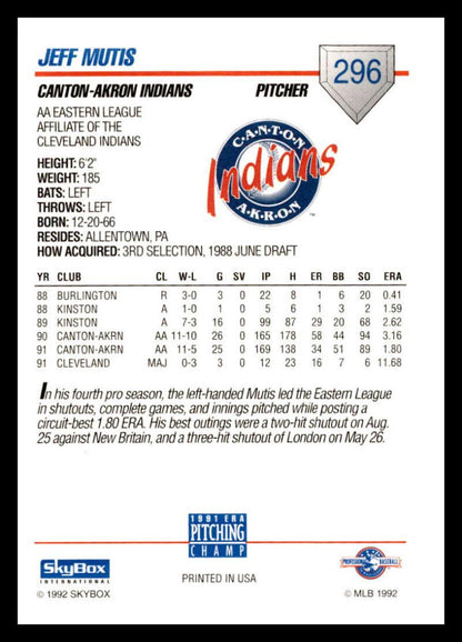 1992 Skybox AA #296 Jeff Mutis Canton-Akron Indians NM-MT Baseball Card Image 2