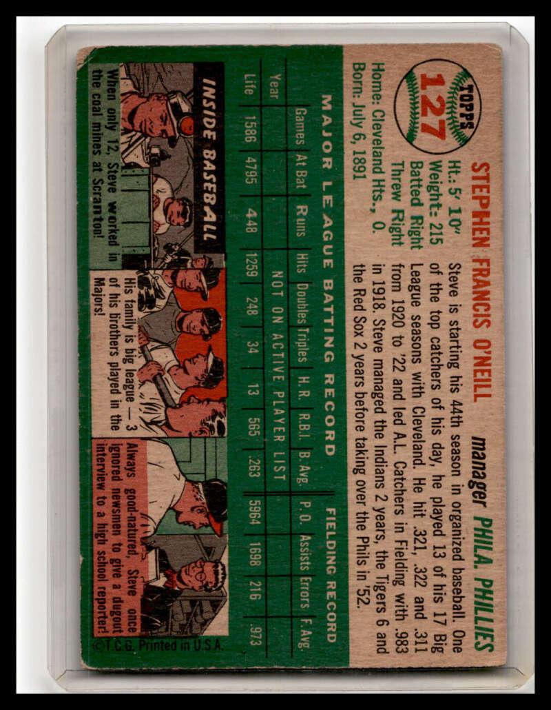 1954 Topps #127 Steve O'Neill G/VG Baseball Card Image 2