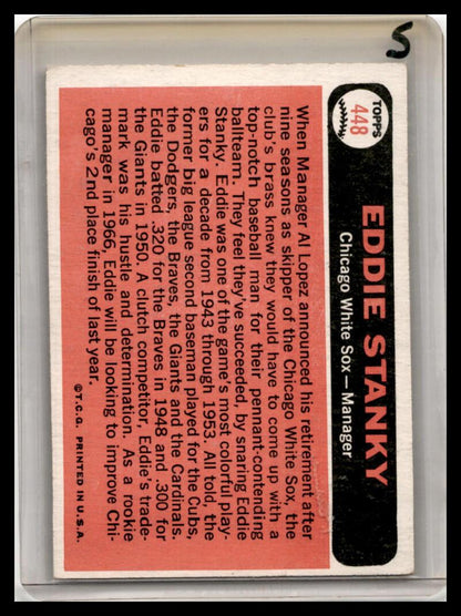 1966 Topps #448 Eddie Stanky VG Baseball Card Image 2