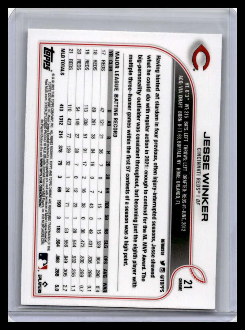 2022 Topps Chrome #21 Jesse Winker NM-MT Cincinnati Reds Baseball Card Image 2