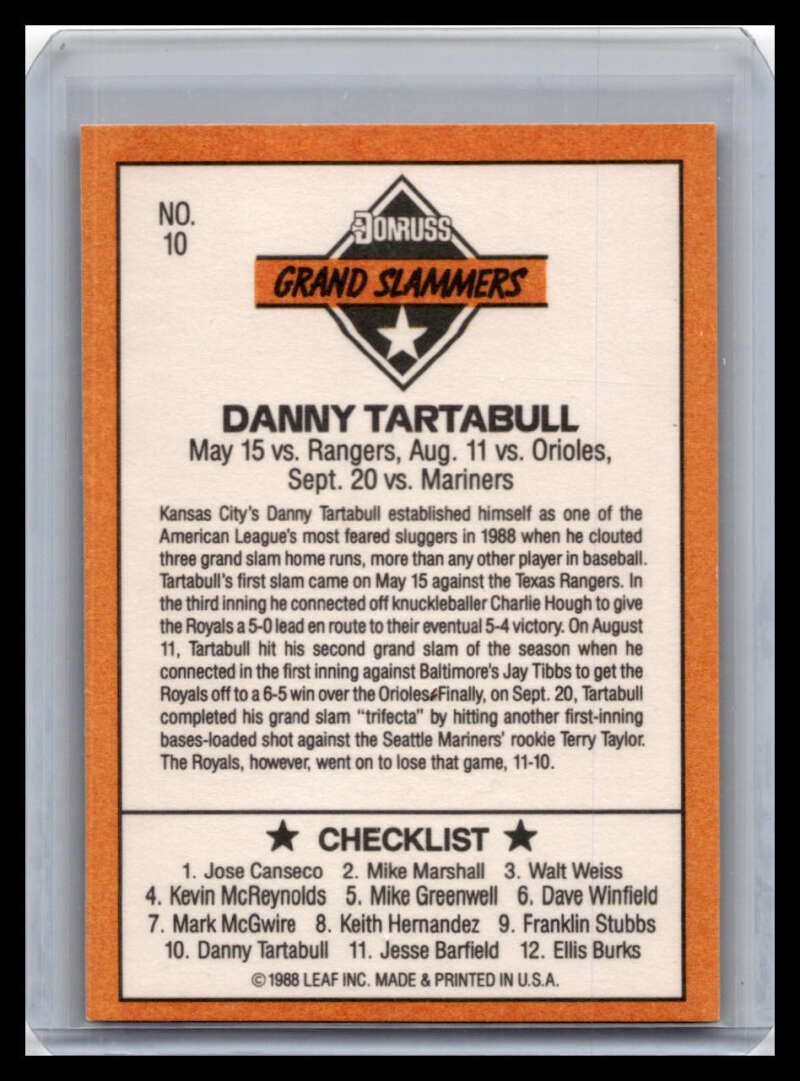1989 Donruss #10 Danny Tartabull NM-MT Kansas City Royals Baseball Card Image 2