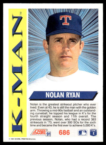 1991 Score #686 Nolan Ryan EX/NM Texas Rangers Baseball Card Image 2