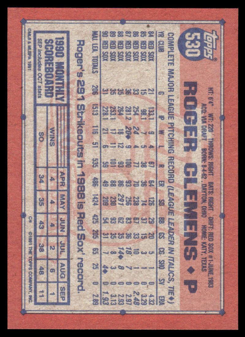 1991 Topps #530 Roger Clemens EX/NM Boston Red Sox Baseball Card Image 2