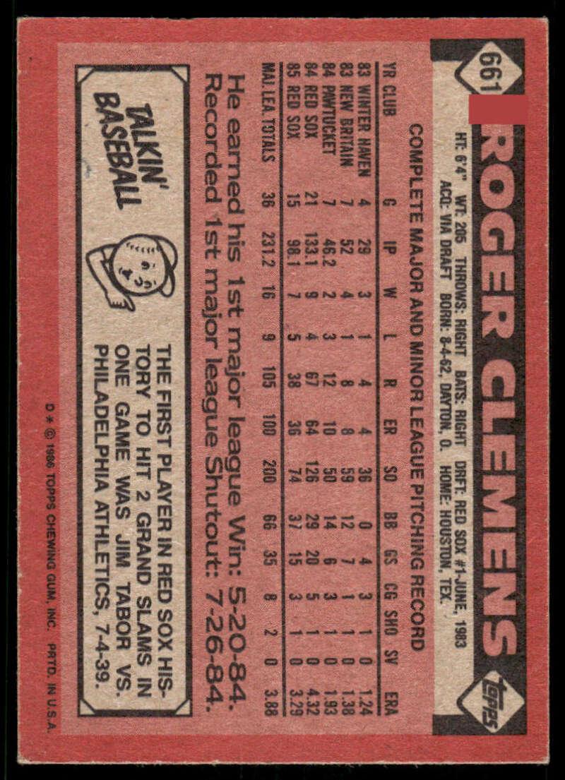1986 Topps #661 Roger Clemens EX/NM Boston Red Sox Baseball Card Image 2