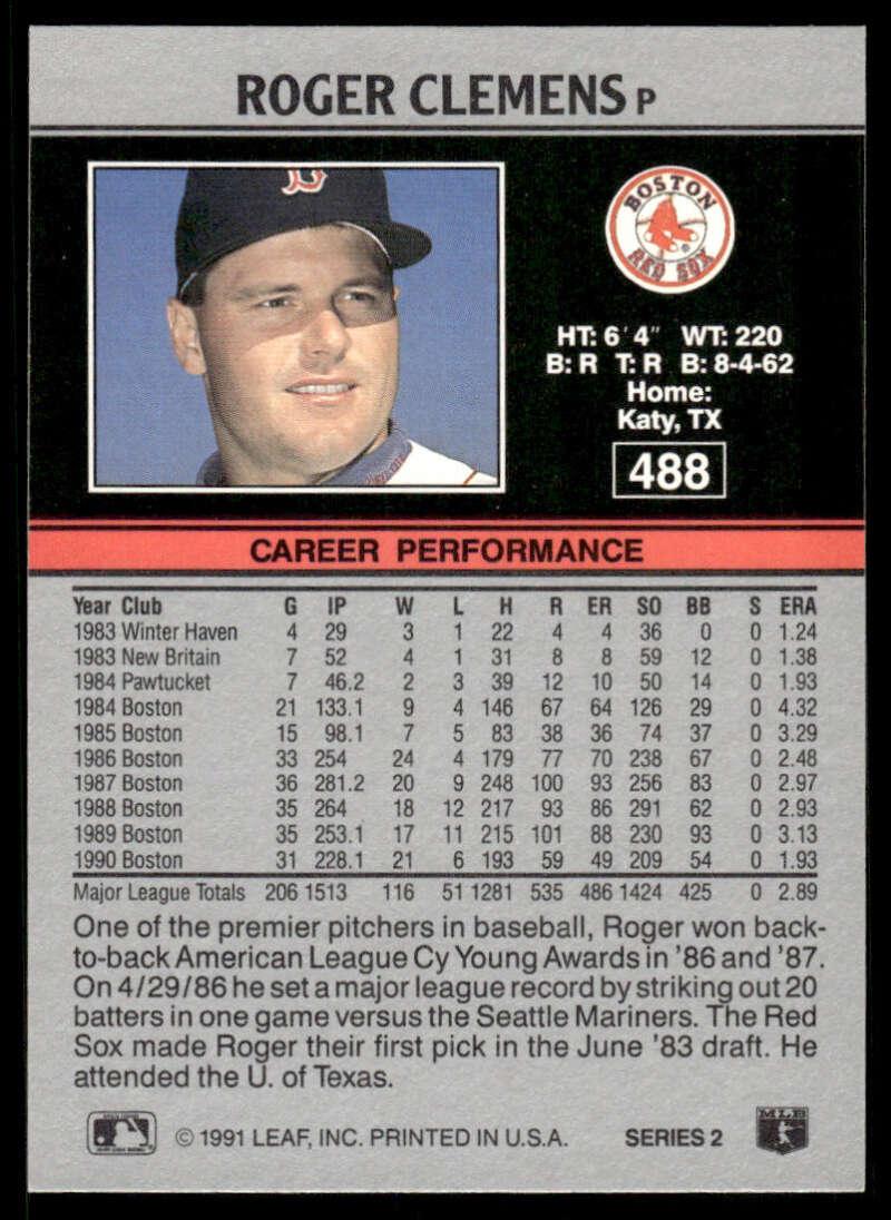 1991 Leaf #488 Roger Clemens EX/NM Boston Red Sox Baseball Card Image 2