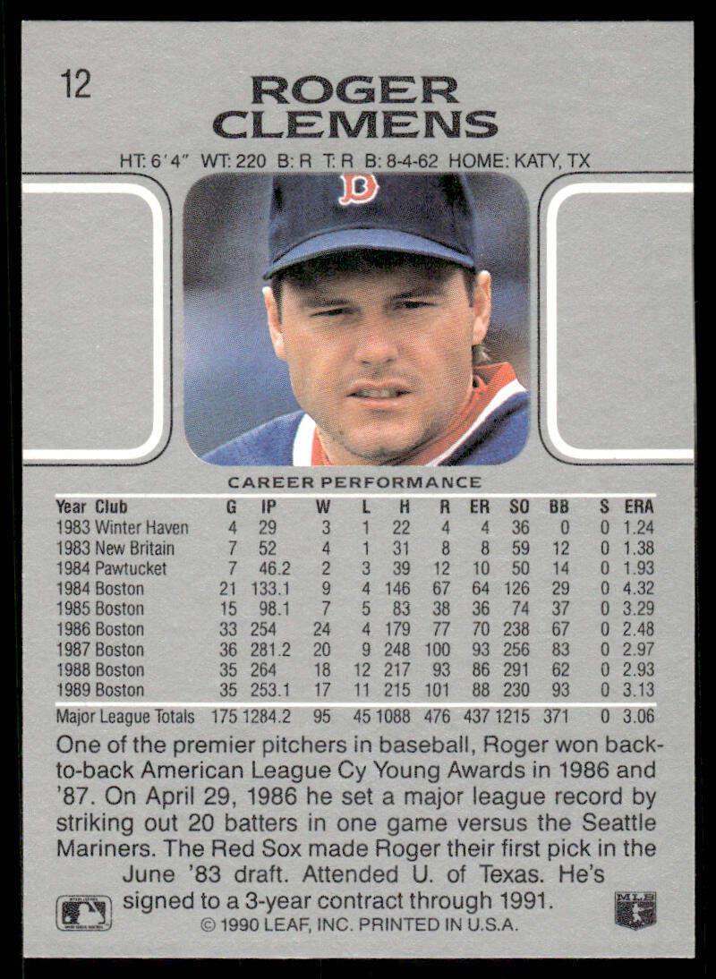 1990 Leaf #12 Roger Clemens EX/NM Boston Red Sox Baseball Card Image 2