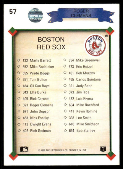 1990 Upper Deck #57 Roger Clemens EX/NM Boston Red Sox Baseball Card Image 2