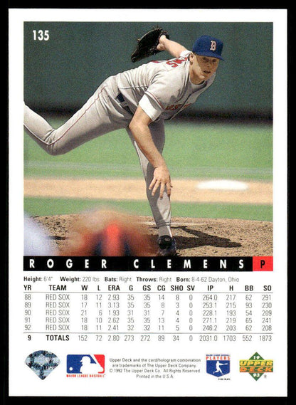 1993 Upper Deck #135 Roger Clemens EX/NM Boston Red Sox Baseball Card Image 2