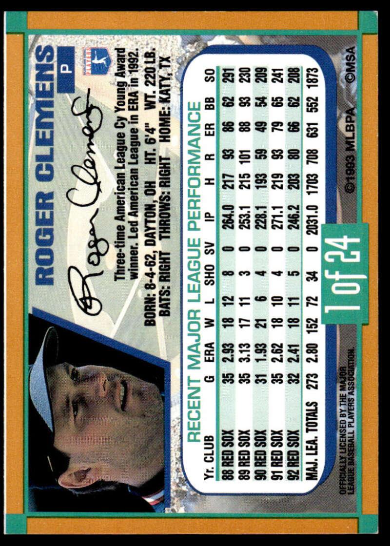 1993 Duracell Power Players I #1 Roger Clemens EX/NM Boston Red Sox Baseball Card Image 2