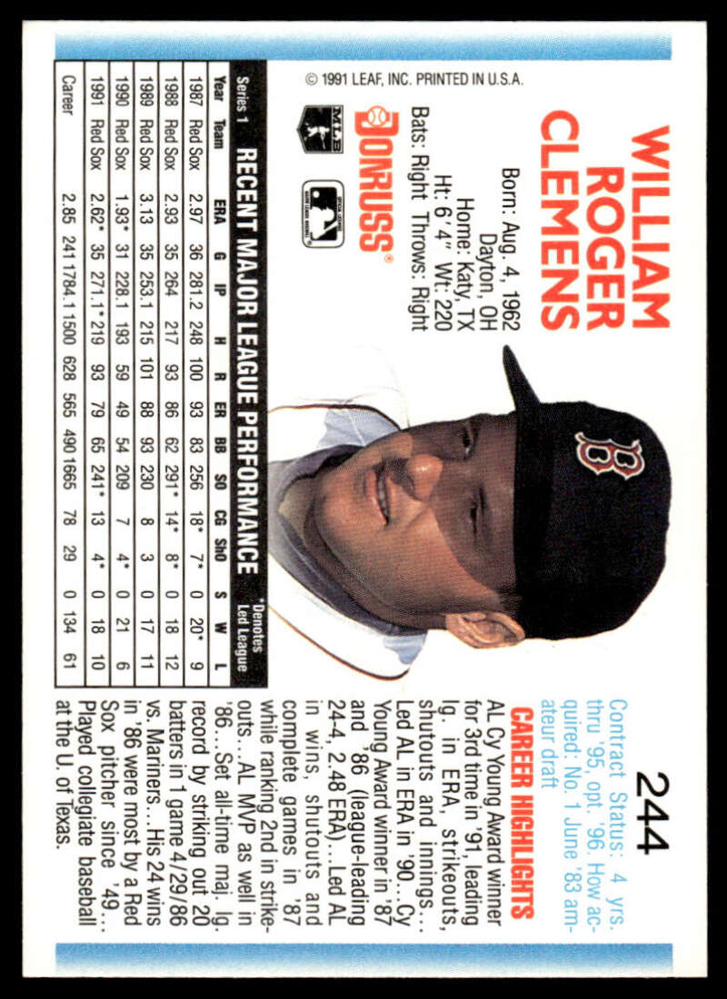1992 Donruss #244 Roger Clemens EX/NM Boston Red Sox Baseball Card Image 2