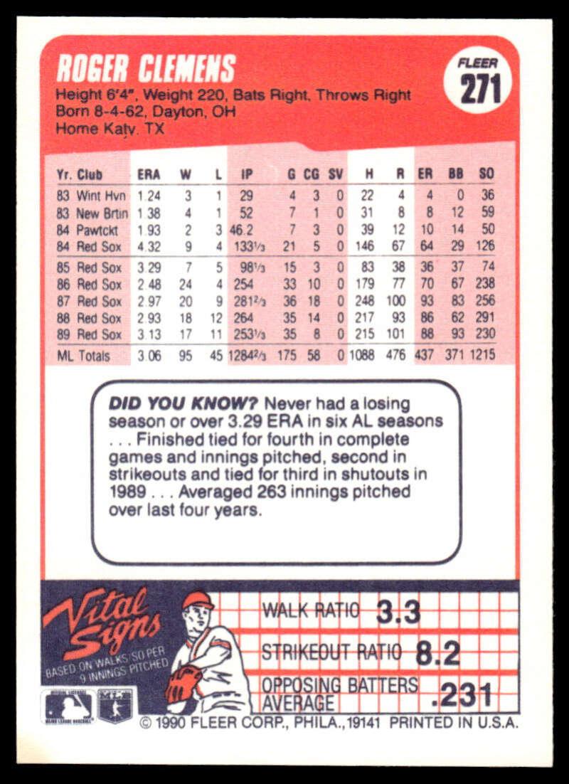 1990 Fleer #271 Roger Clemens EX/NM Boston Red Sox Baseball Card Image 2