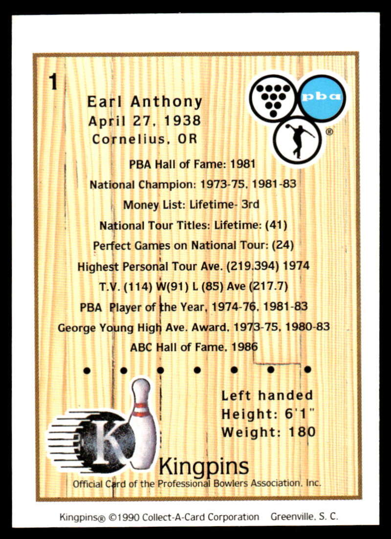 1990 Kingpins #1 Earl Anthony NM-MT PBA Bowling Card Image 2