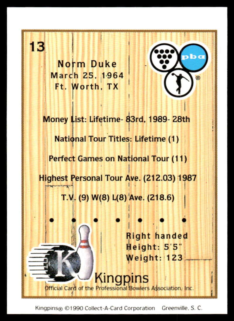 1990 Kingpins #13 Norm Duke NM-MT PBA Bowling Card Image 2