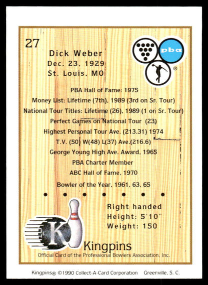 1990 Kingpins #27 Dick Weber NM-MT PBA Bowling Card Image 2
