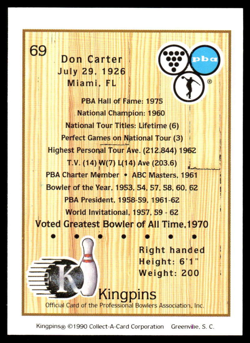 1990 Kingpins #69 Don Carter NM-MT PBA Bowling Card Image 2