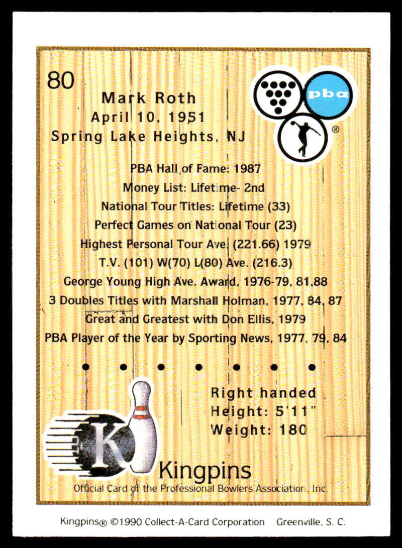 1990 Kingpins #80 Mark Roth NM-MT PBA Bowling Card Image 2