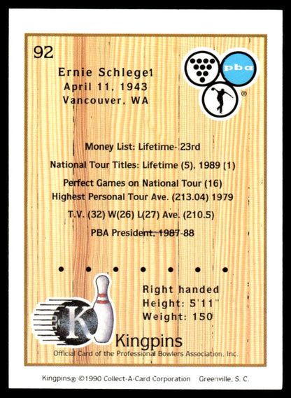 1990 Kingpins #92 Ernie Schlegel NM-MT PBA Bowling Card Image 2