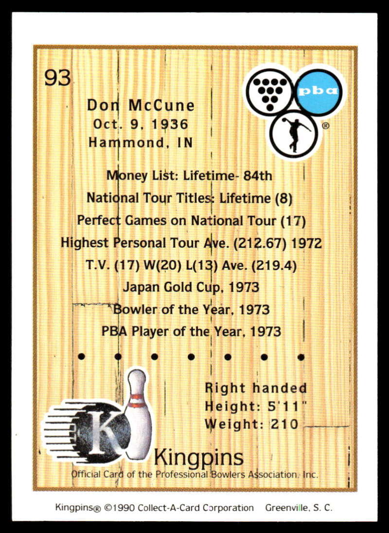 1990 Kingpins #93 Don McCune NM-MT PBA Bowling Card Image 2