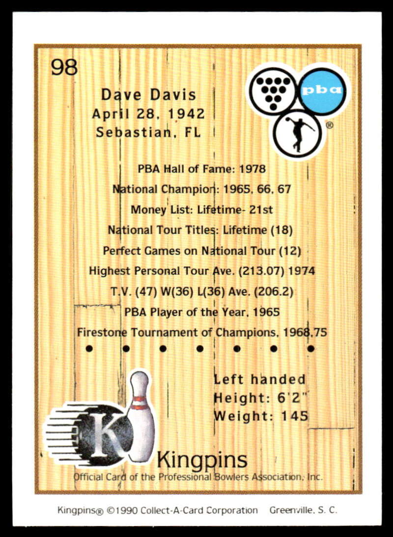 1990 Kingpins #98 Dave Davis NM-MT PBA Bowling Card Image 2