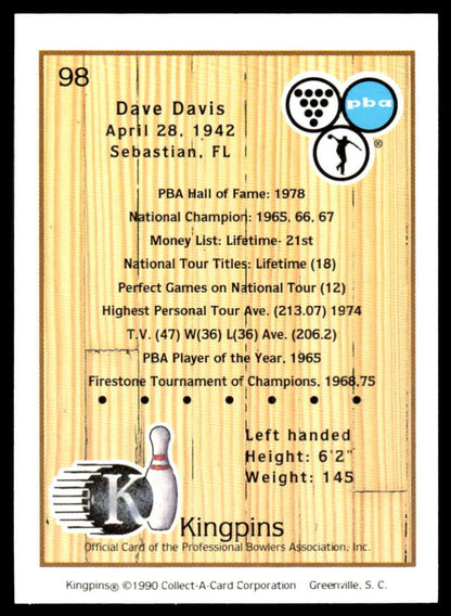 1990 Kingpins #98 Dave Davis NM-MT PBA Bowling Card Image 2