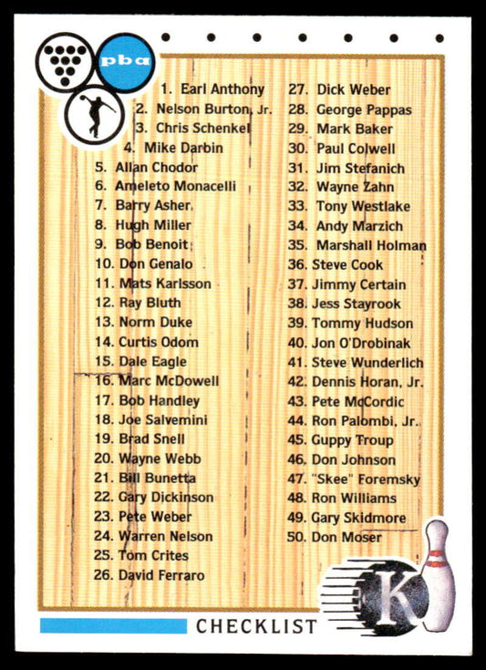 1990 Kingpins #100 Checklist NM-MT PBA Bowling Card Image 1