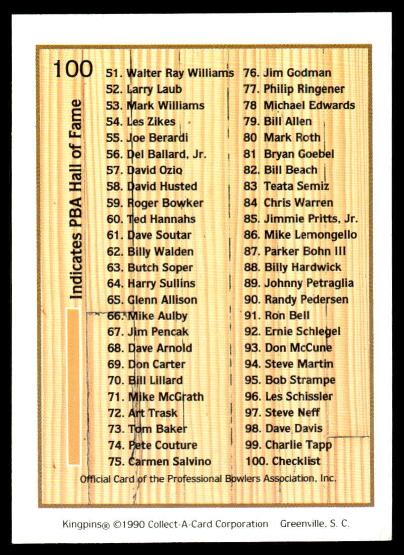 1990 Kingpins #100 Checklist NM-MT PBA Bowling Card Image 2