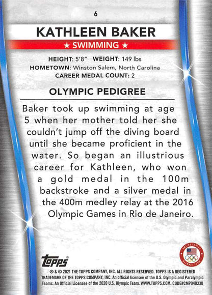 2021 Topps US Olympics and Paralympics Team Hopefuls NM-MT #6 Kathleen Baker Swimming Card Image 2