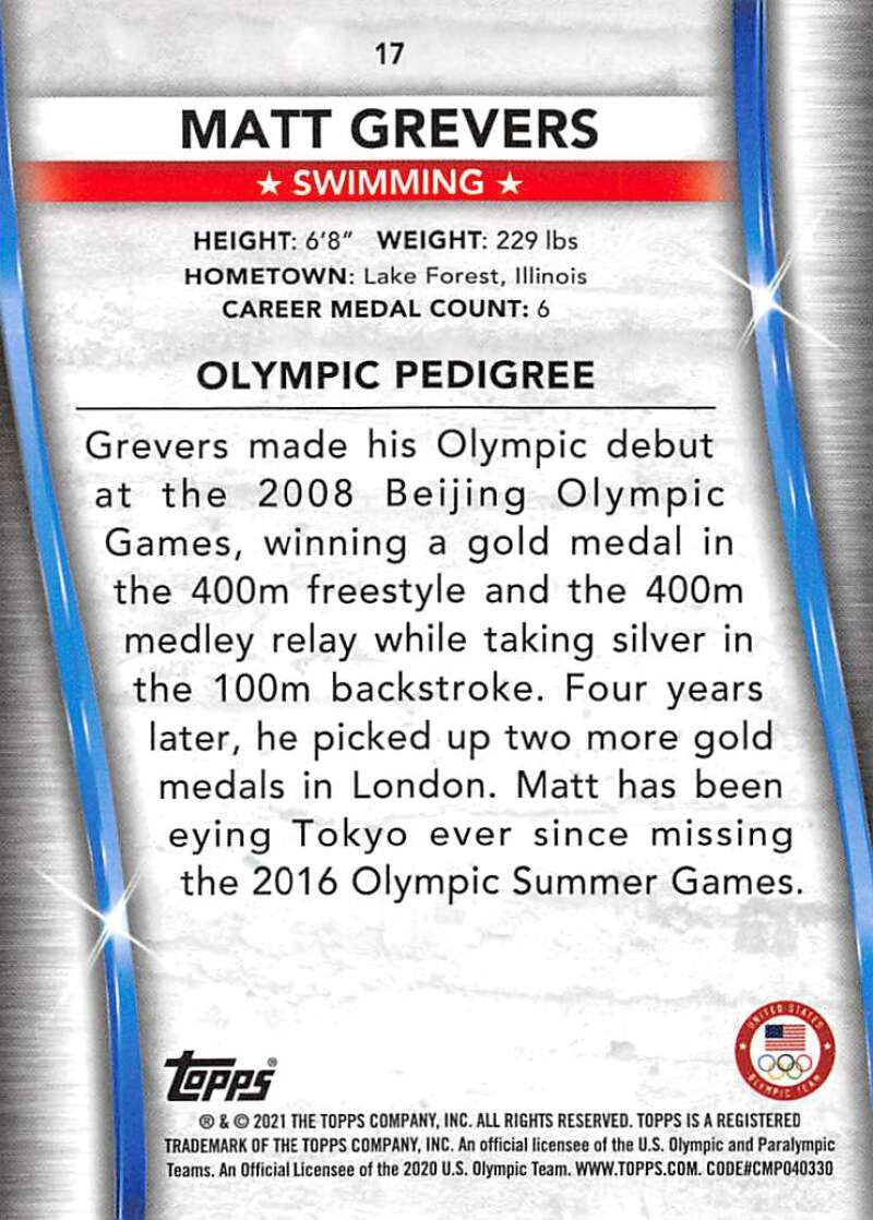 2021 Topps US Olympics and Paralympics Team Hopefuls NM-MT #17 Matt Grevers Swimming Card Image 2