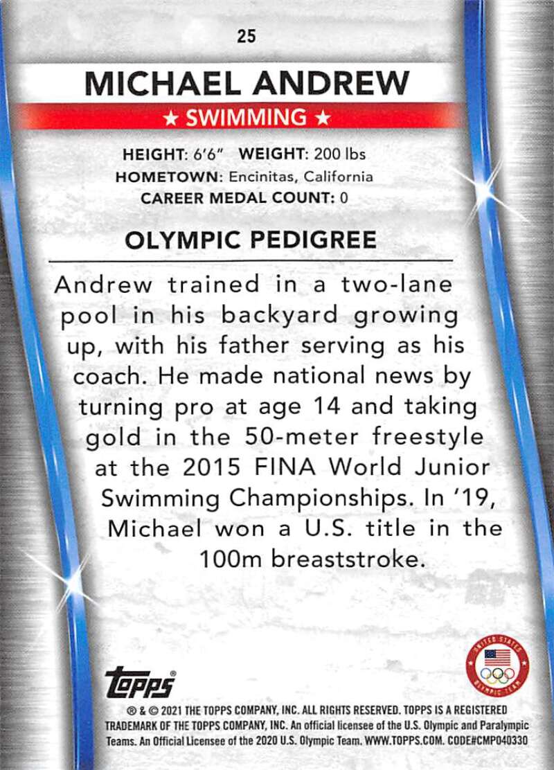 2021 Topps US Olympics and Paralympics Team Hopefuls NM-MT #25 Michael Andrew Swimming Card Image 2