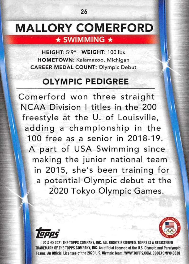 2021 Topps US Olympics and Paralympics Team Hopefuls NM-MT #26 Mallory Comerford Swimming Card Image 2