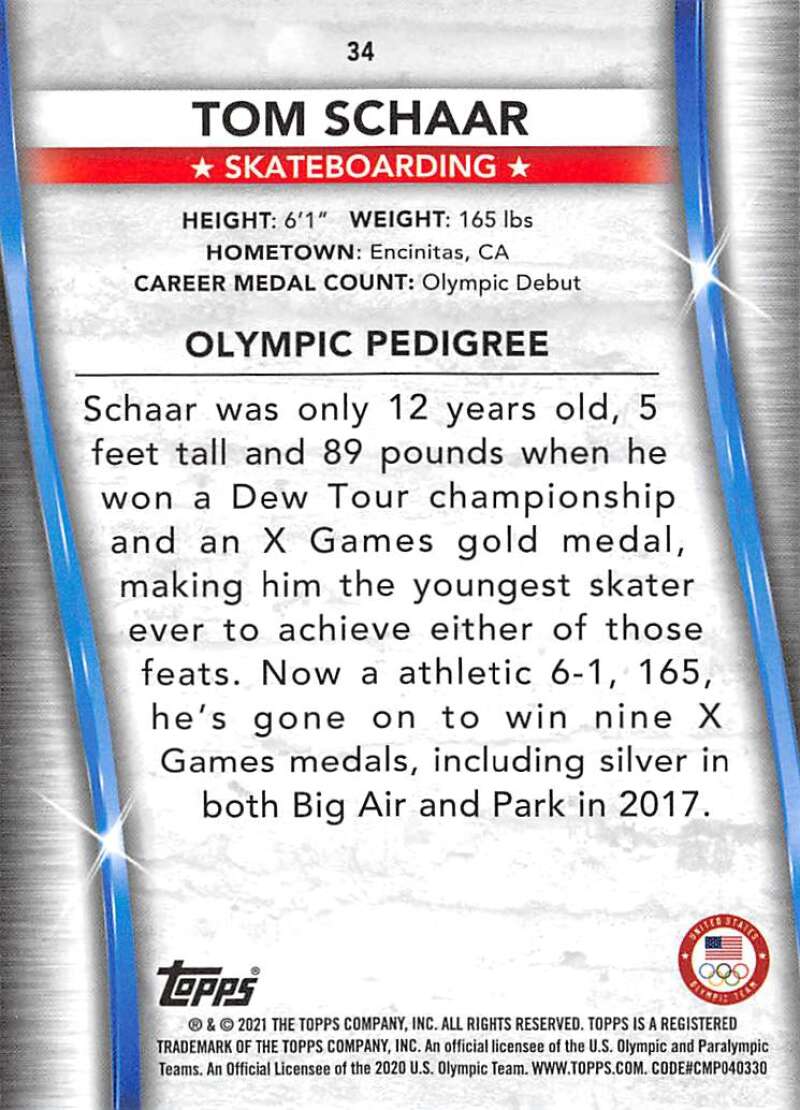 2021 Topps US Olympics and Paralympics Team Hopefuls NM-MT #34 Tom Schaar Skateboarding Card Image 2
