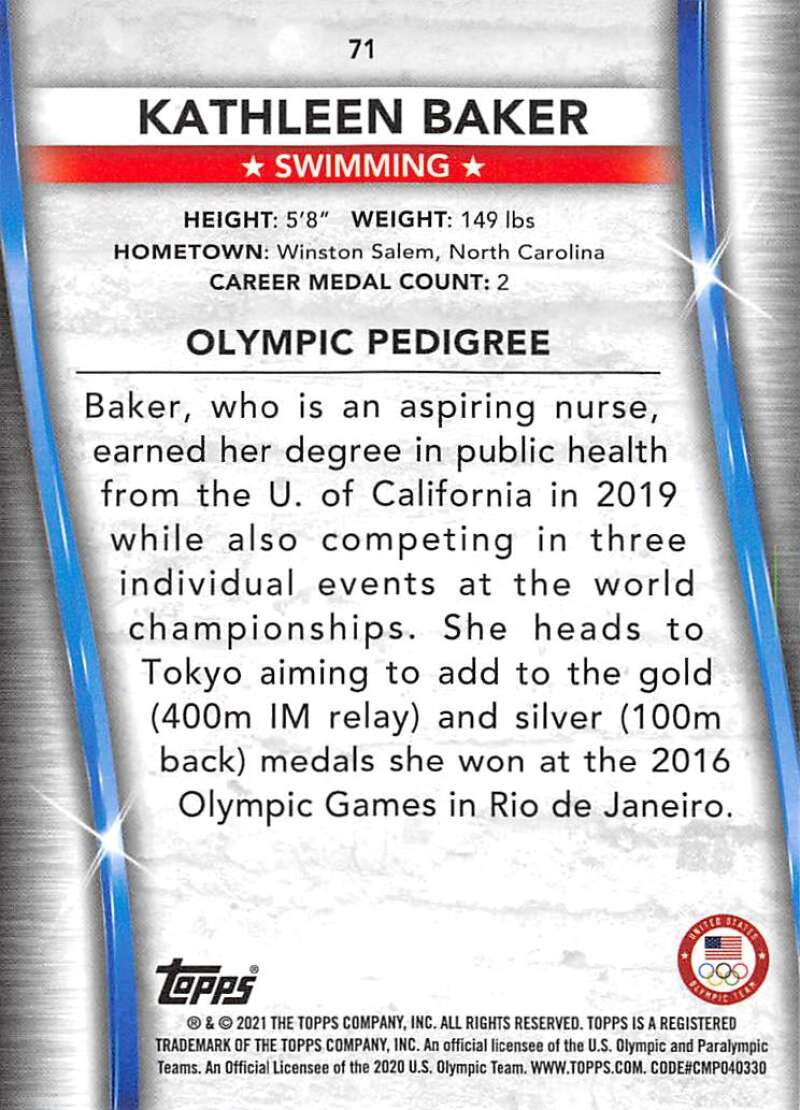 2021 Topps US Olympics and Paralympics Team Hopefuls NM-MT #71 Kathleen Baker Swimming Card Image 2